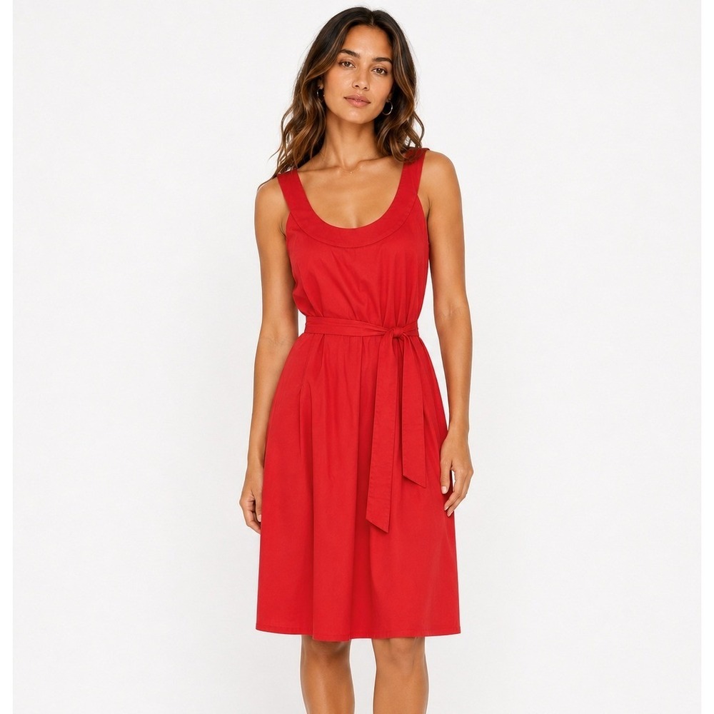 Calvin Klein Dress Womens Red Fit & Flare Midi Belted Sleeveless Cotton Size 12